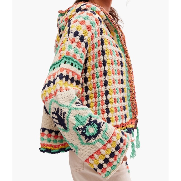 NWT Free People Baja Baby Hooded Cardigan Sz M Canyon Vibes Crochet Crop Chunky - Picture 9 of 13